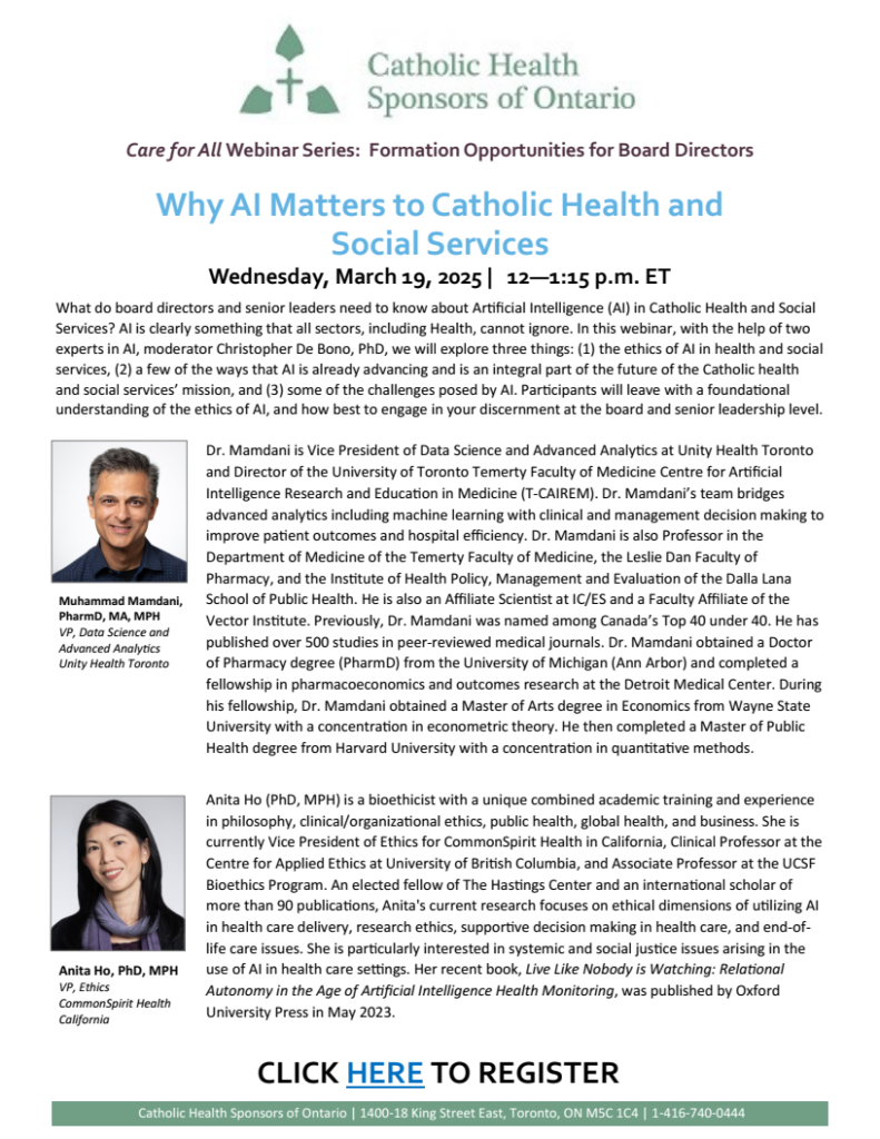 Poster of a Webinar scheduled for March 19, 2025, entitled Why AI Matters to Catholic Health and Social services.